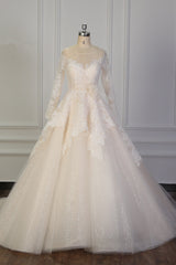 Exquisite Lace Appliques Wedding Dress Tulle Long Sleeves Sequined Bridal Gown On Sale