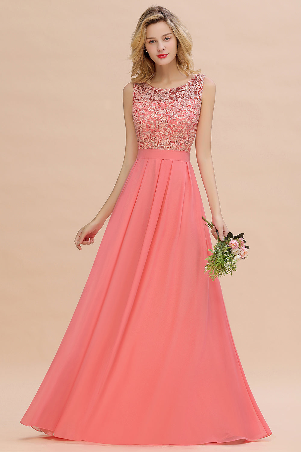 Exquisite Lace Scoop Sleeveless Bridesmaid Dresses Online with Ruffle
