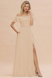 Exquisite Off-the-shoulder Slit Mint Green Bridesmaid Dress With Pockets