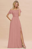 Exquisite Off-the-shoulder Slit Mint Green Bridesmaid Dress With Pockets