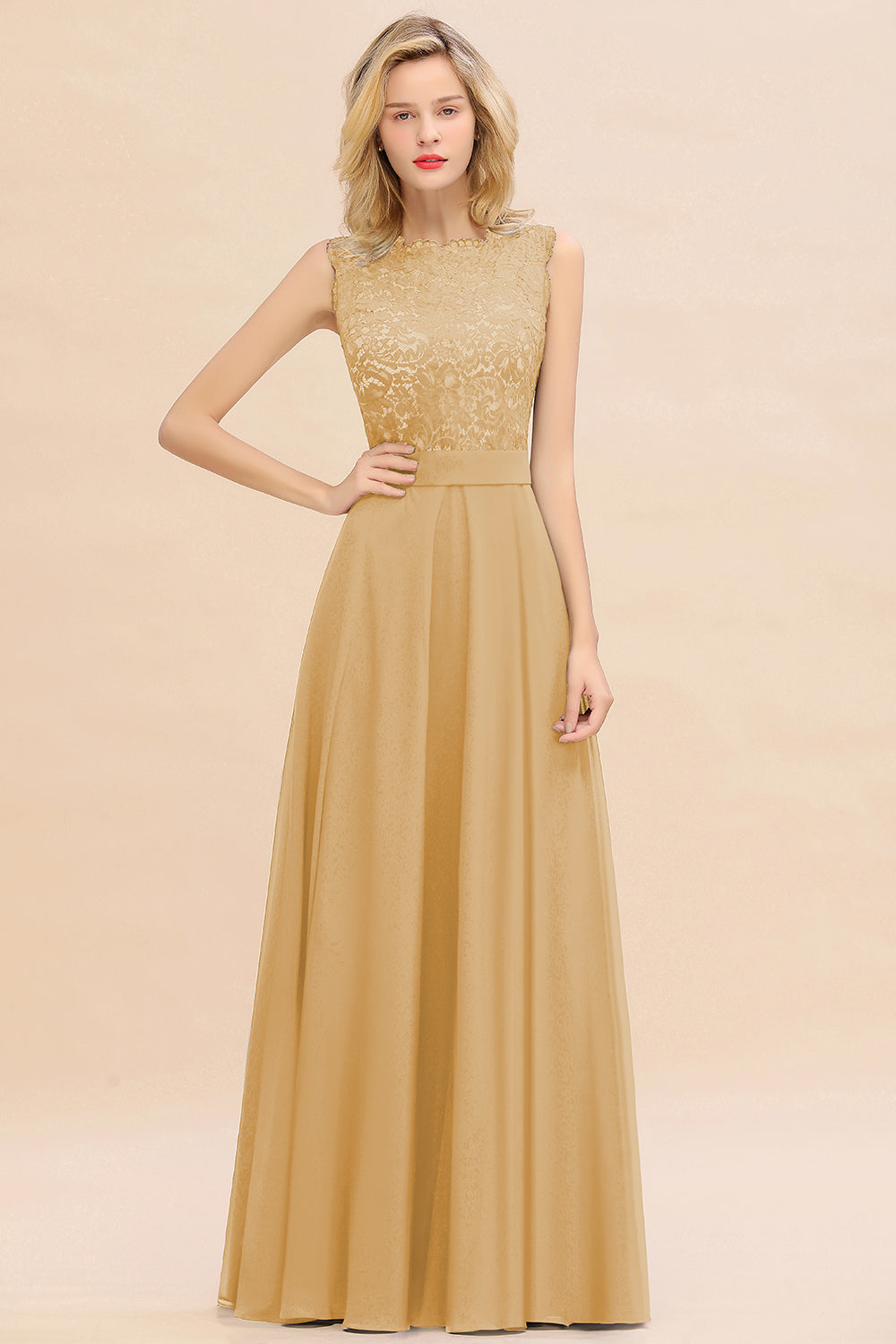 Exquisite Scoop Chiffon Lace Bridesmaid Dresses with V-Back