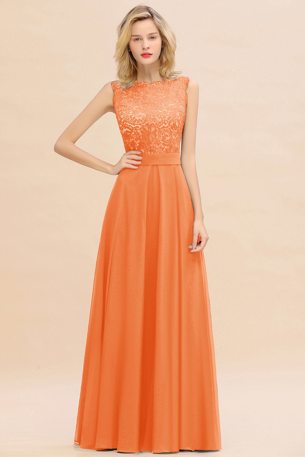 Exquisite Scoop Chiffon Lace Bridesmaid Dresses with V-Back
