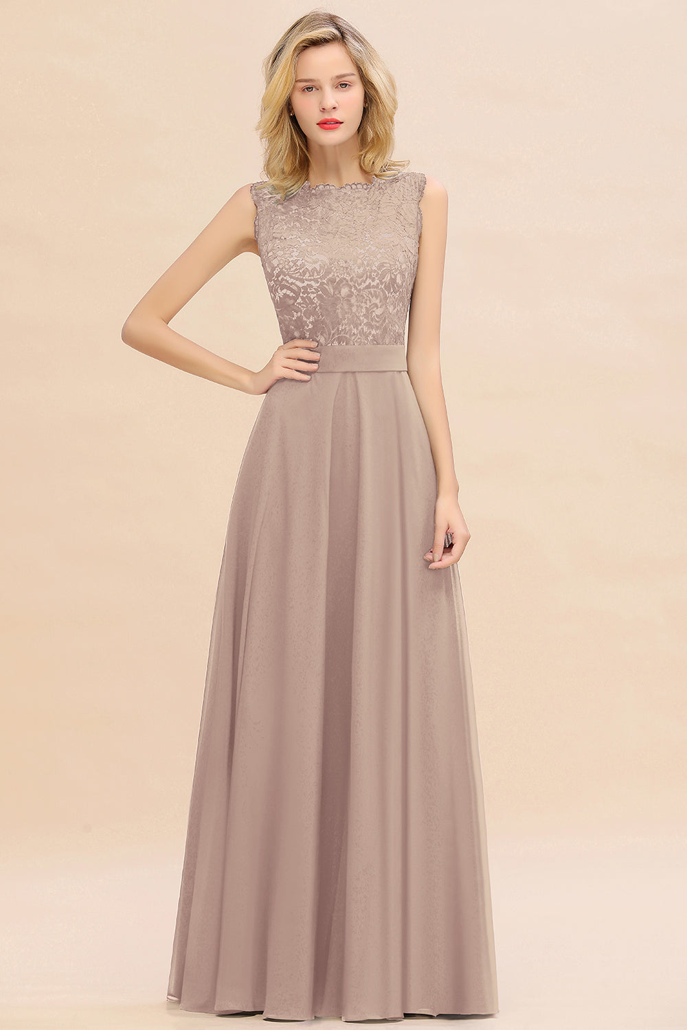 Exquisite Scoop Chiffon Lace Bridesmaid Dresses with V-Back