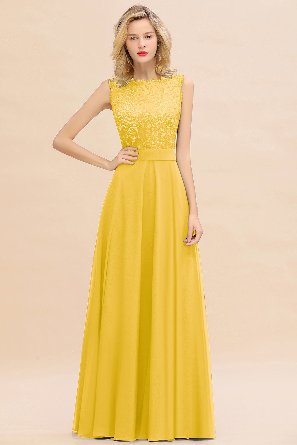 Exquisite Scoop Chiffon Lace Bridesmaid Dresses with V-Back
