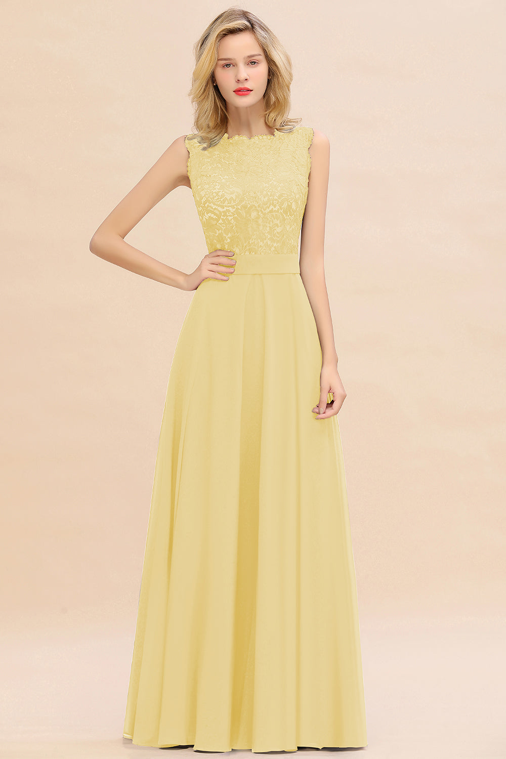 Exquisite Scoop Chiffon Lace Bridesmaid Dresses with V-Back