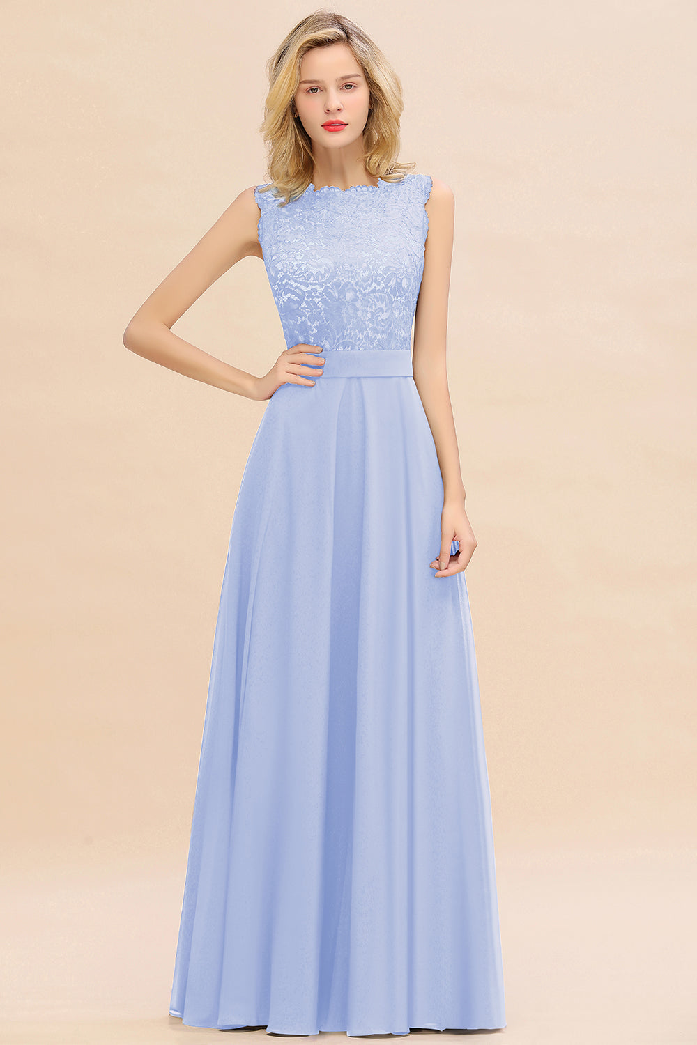 Exquisite Scoop Chiffon Lace Bridesmaid Dresses with V-Back