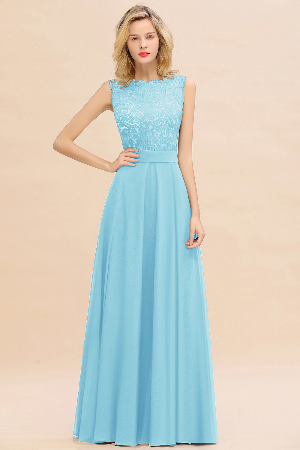 Exquisite Scoop Chiffon Lace Bridesmaid Dresses with V-Back
