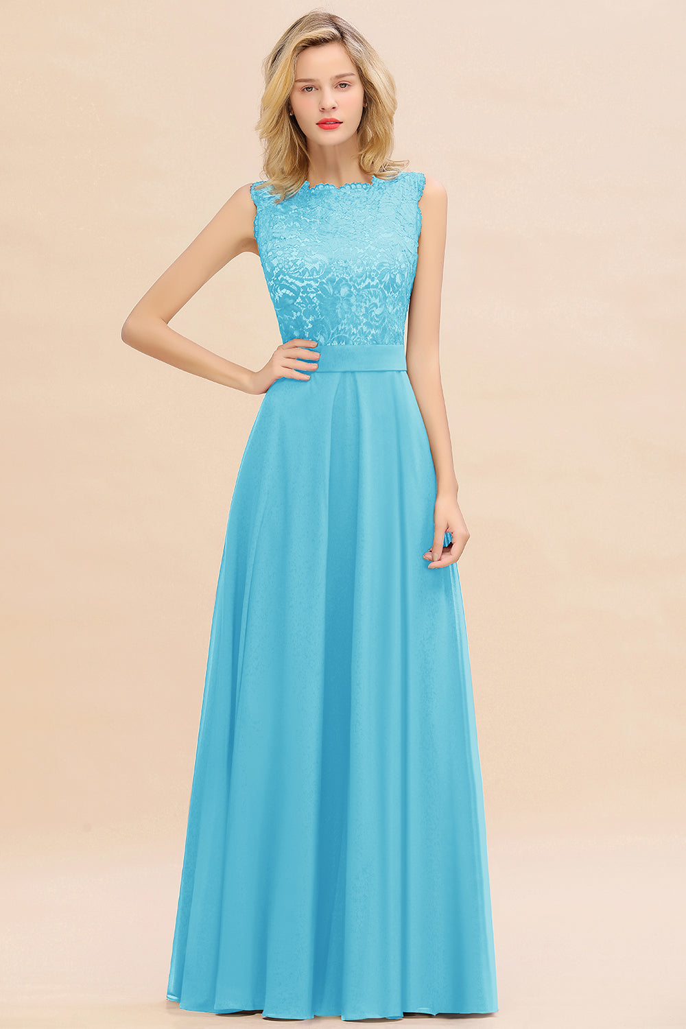 Exquisite Scoop Chiffon Lace Bridesmaid Dresses with V-Back