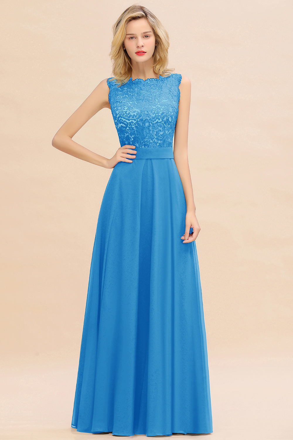 Exquisite Scoop Chiffon Lace Bridesmaid Dresses with V-Back