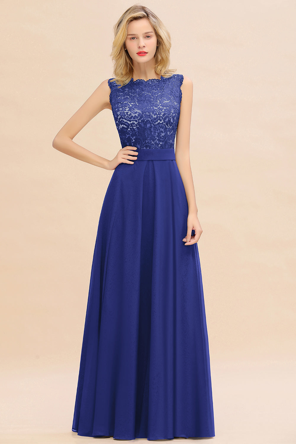 Exquisite Scoop Chiffon Lace Bridesmaid Dresses with V-Back