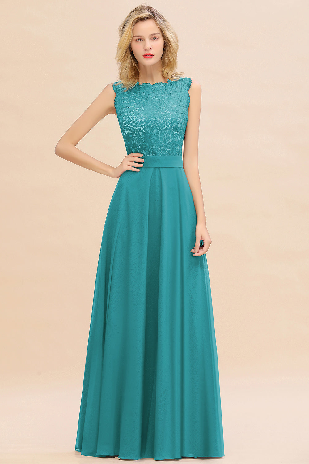 Exquisite Scoop Chiffon Lace Bridesmaid Dresses with V-Back