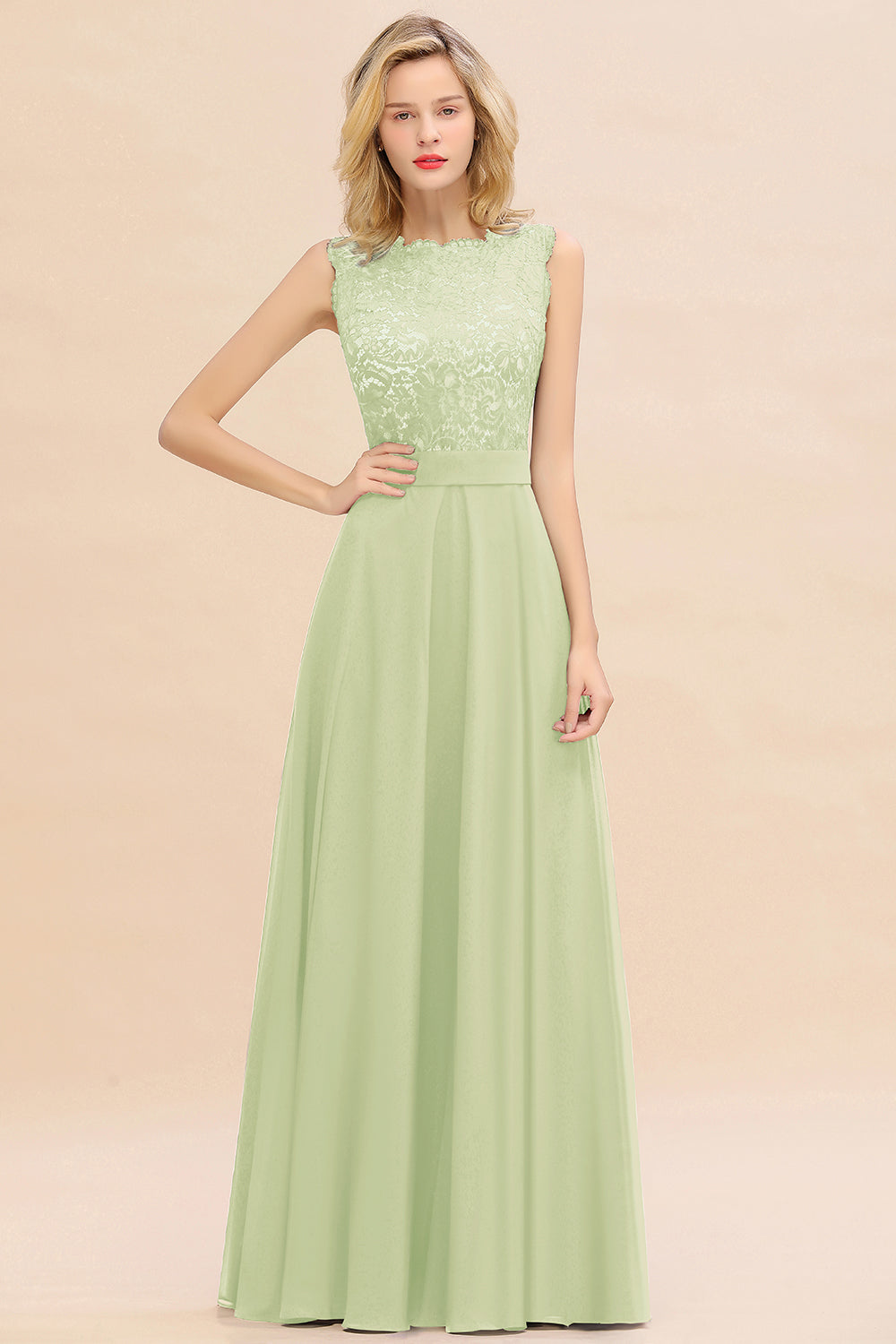 Exquisite Scoop Chiffon Lace Bridesmaid Dresses with V-Back