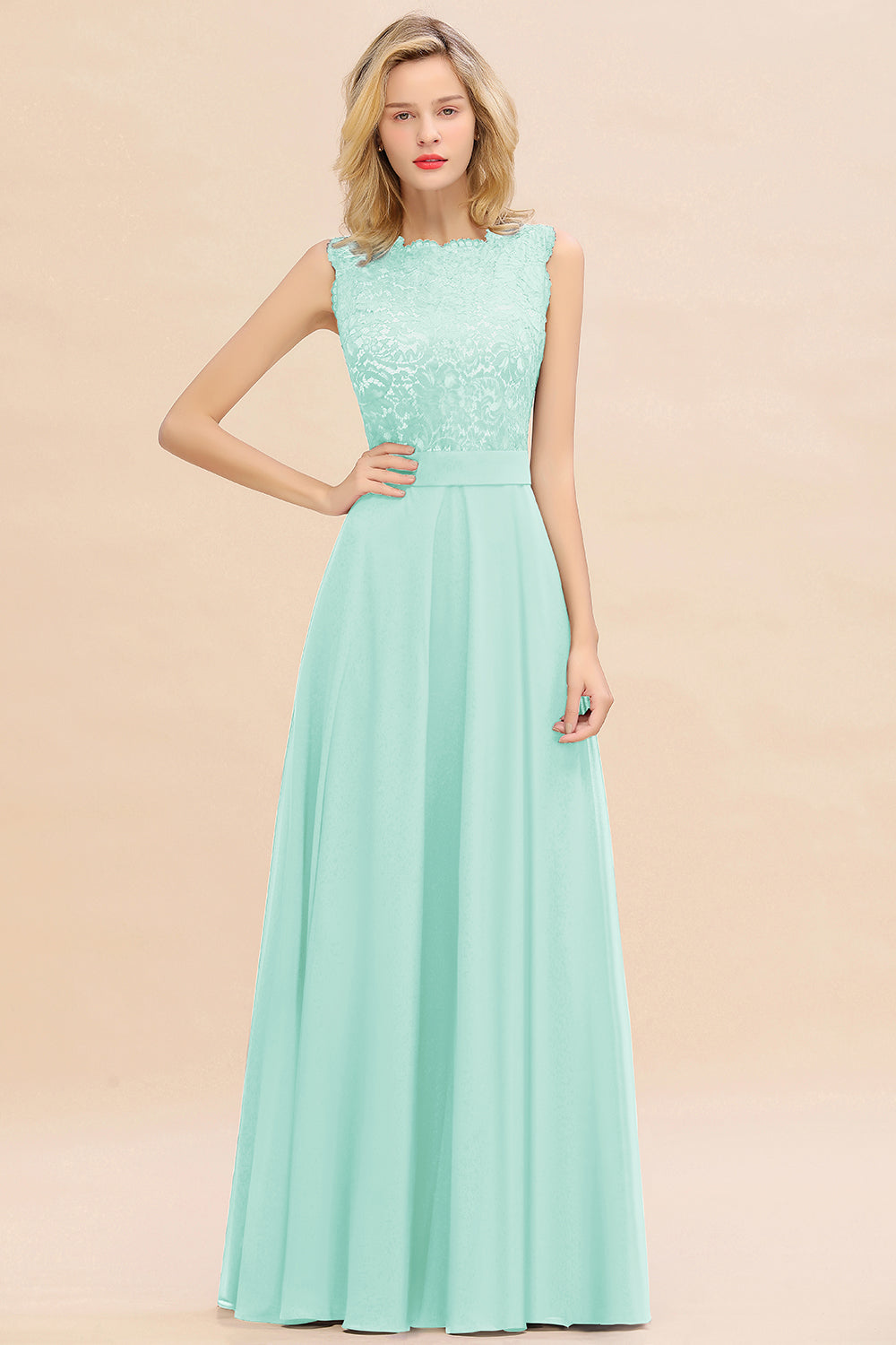 Exquisite Scoop Chiffon Lace Bridesmaid Dresses with V-Back