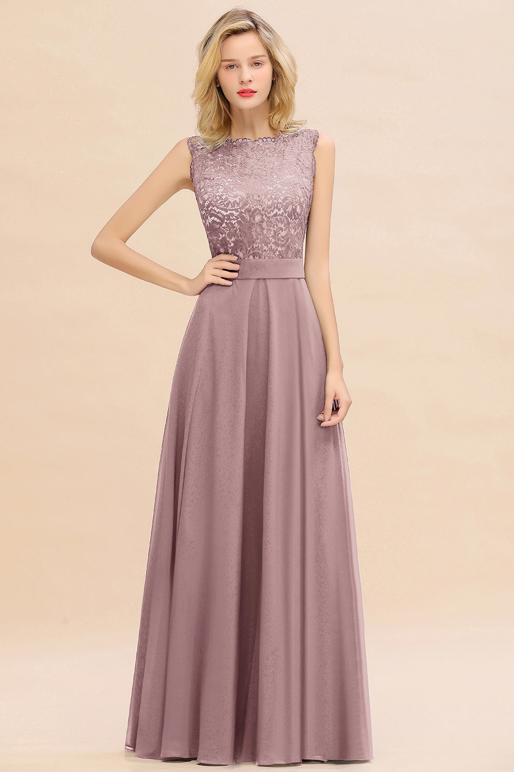 Exquisite Scoop Chiffon Lace Bridesmaid Dresses with V-Back