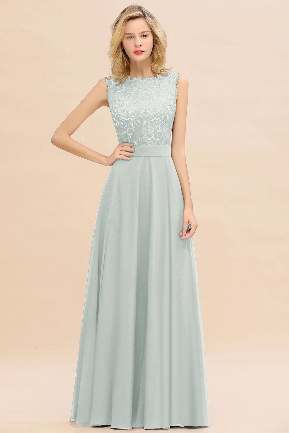 Exquisite Scoop Chiffon Lace Bridesmaid Dresses with V-Back