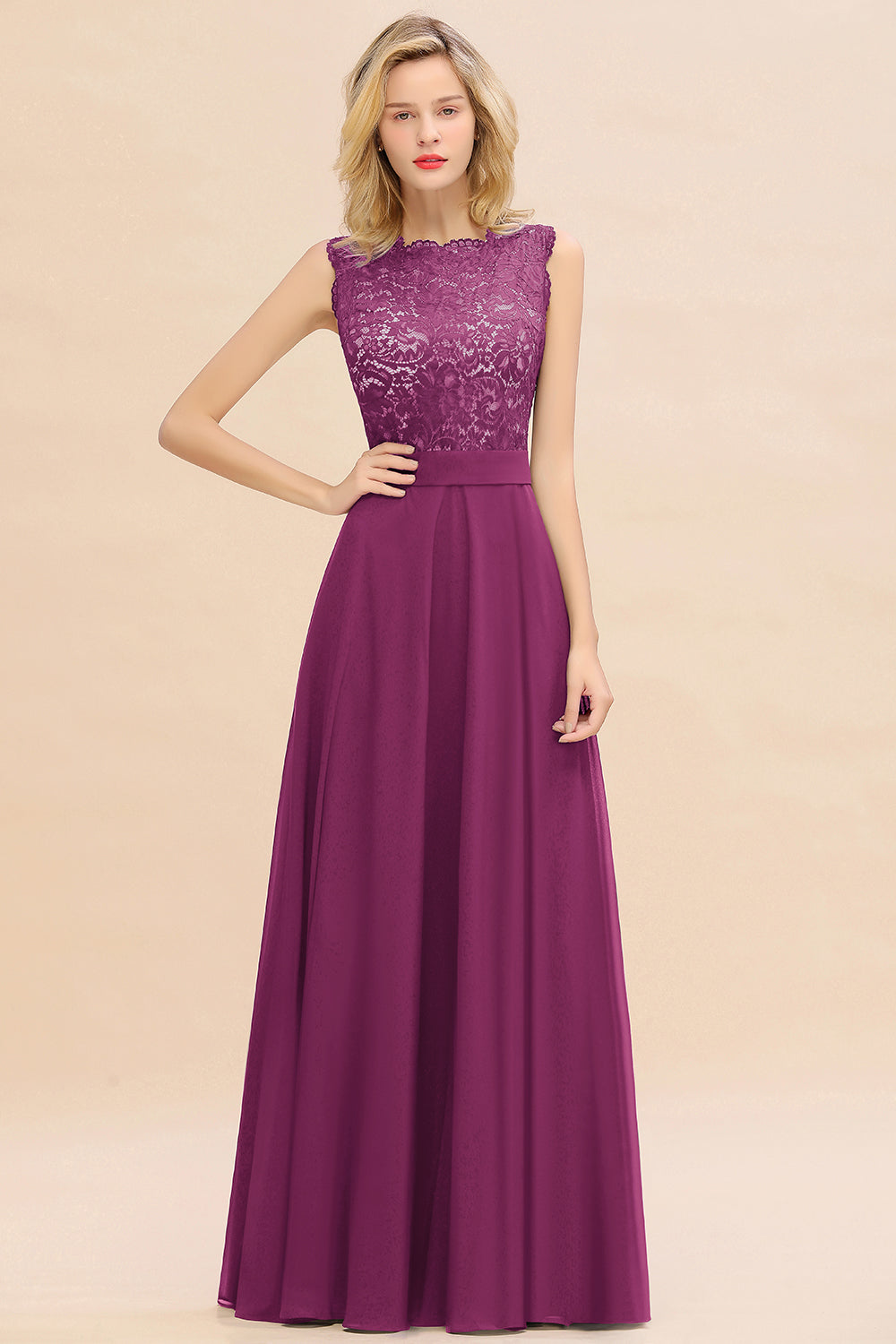 Exquisite Scoop Chiffon Lace Bridesmaid Dresses with V-Back