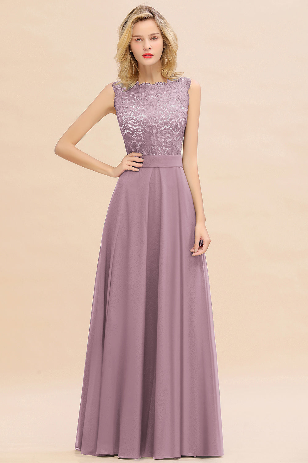 Exquisite Scoop Chiffon Lace Bridesmaid Dresses with V-Back