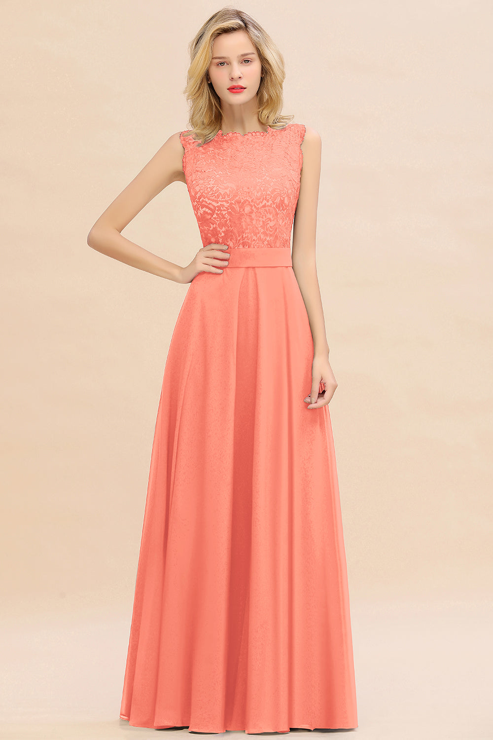 Exquisite Scoop Chiffon Lace Bridesmaid Dresses with V-Back