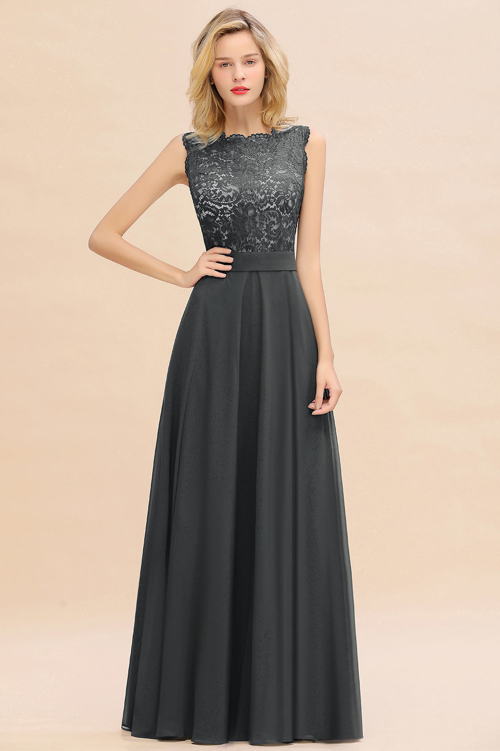 Exquisite Scoop Chiffon Lace Bridesmaid Dresses with V-Back