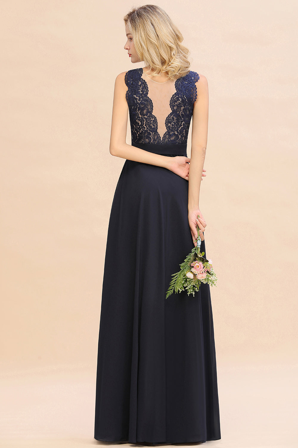 Exquisite Scoop Chiffon Lace Bridesmaid Dresses with V-Back