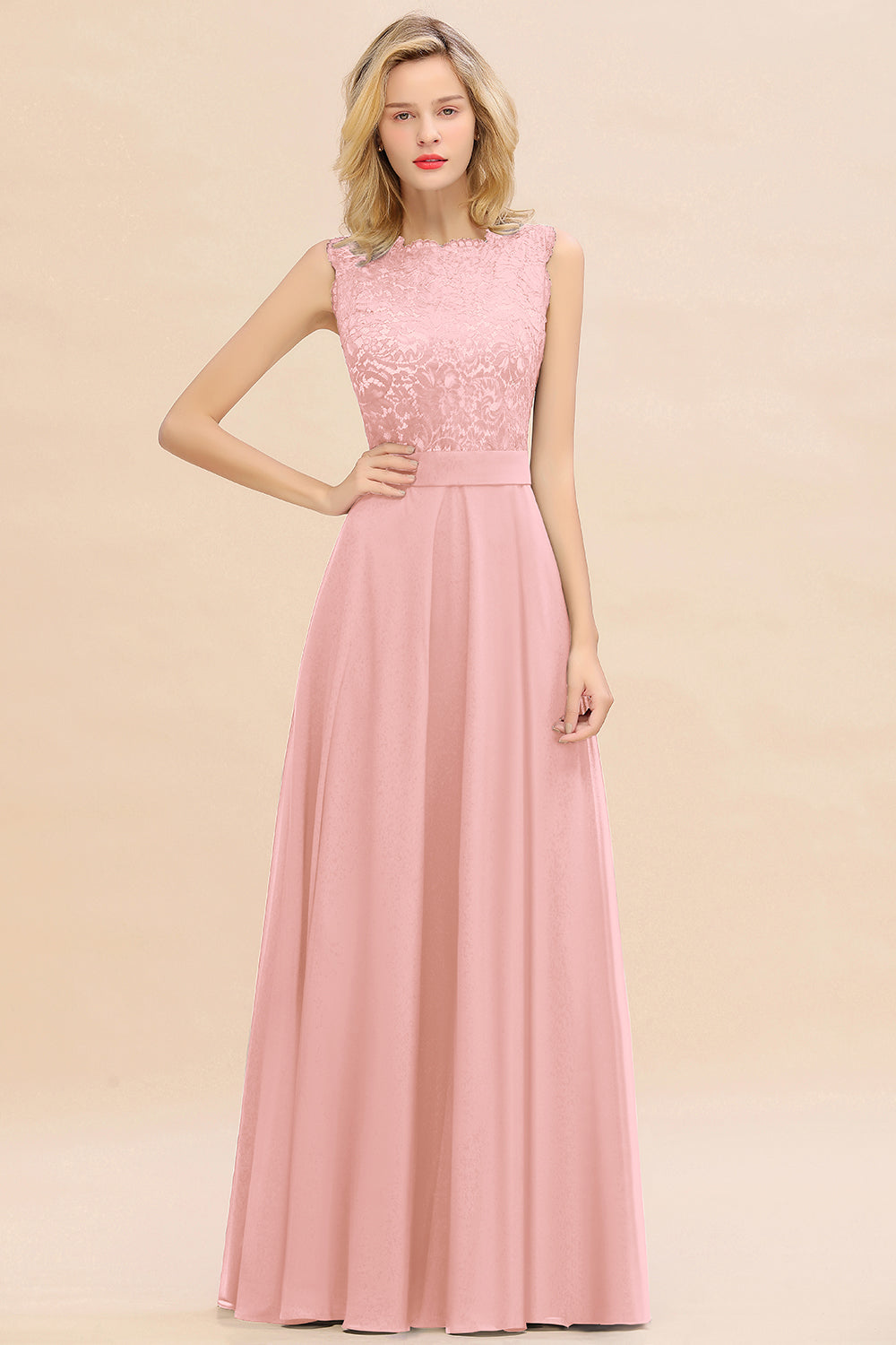 Exquisite Scoop Chiffon Lace Bridesmaid Dresses with V-Back