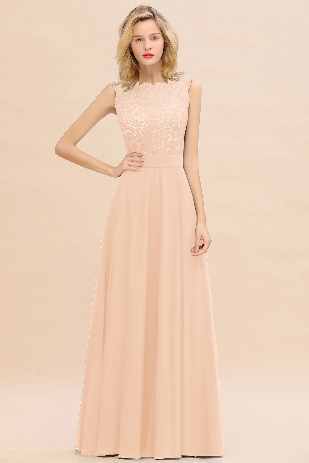 Exquisite Scoop Chiffon Lace Bridesmaid Dresses with V-Back