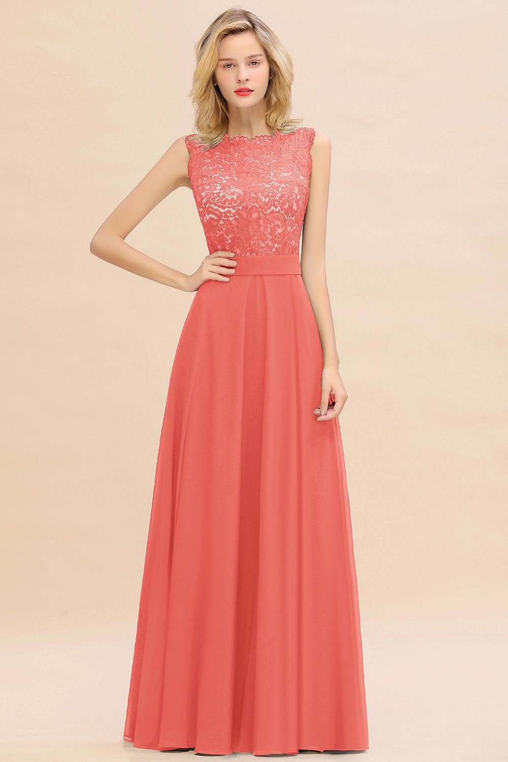 Exquisite Scoop Chiffon Lace Bridesmaid Dresses with V-Back