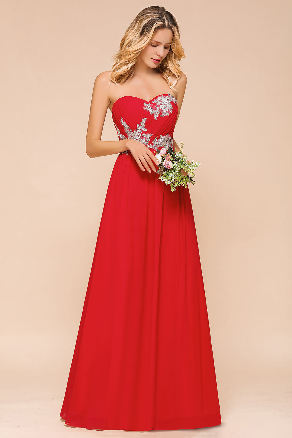 Exuqisite Sweetheart Ruffle Red Bridesmaid Dresses with Appliques