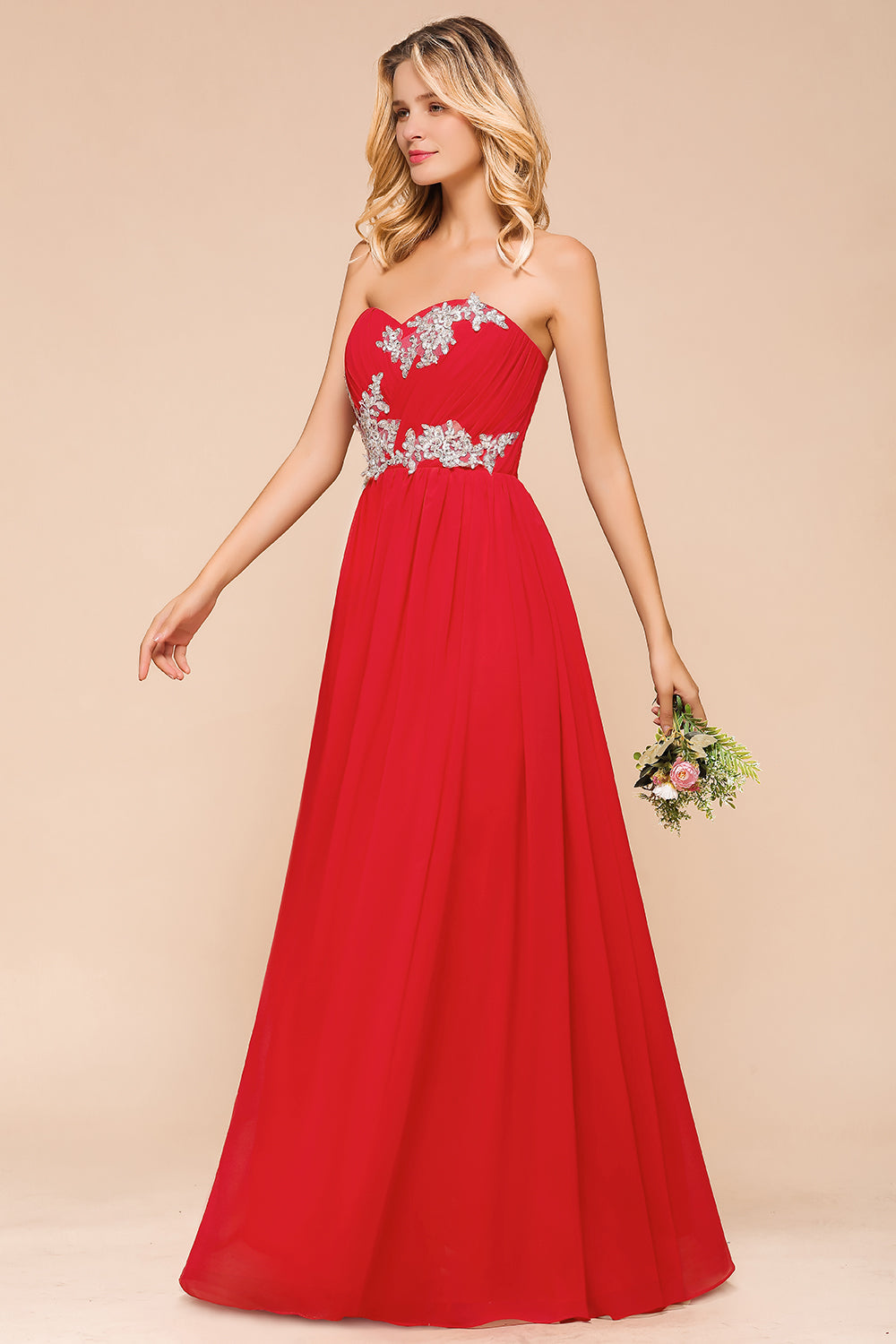 Exuqisite Sweetheart Ruffle Red Bridesmaid Dresses with Appliques