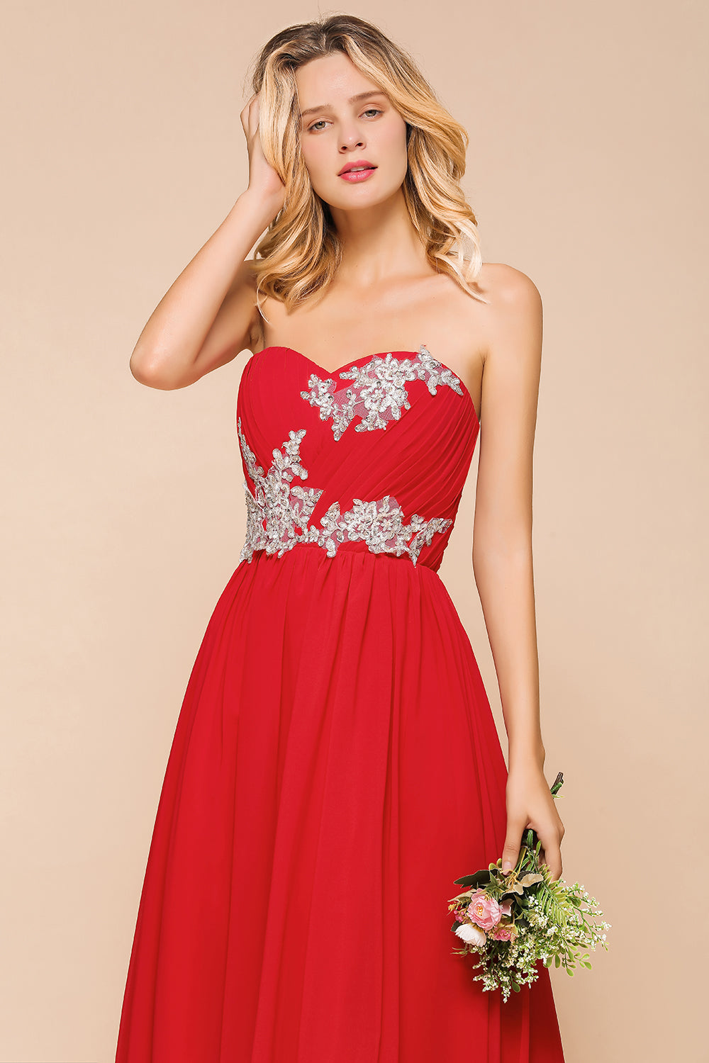 Exuqisite Sweetheart Ruffle Red Bridesmaid Dresses with Appliques