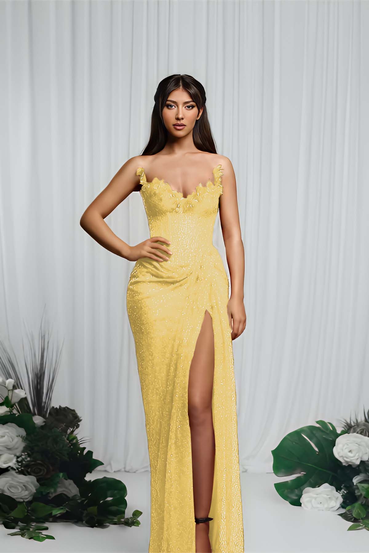 Strapless Sleeveless Mermaid Formal Dress With High Split Pleated