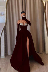 Strapless Sleeveless Long Split Formal Dress With Beading Long Gloves