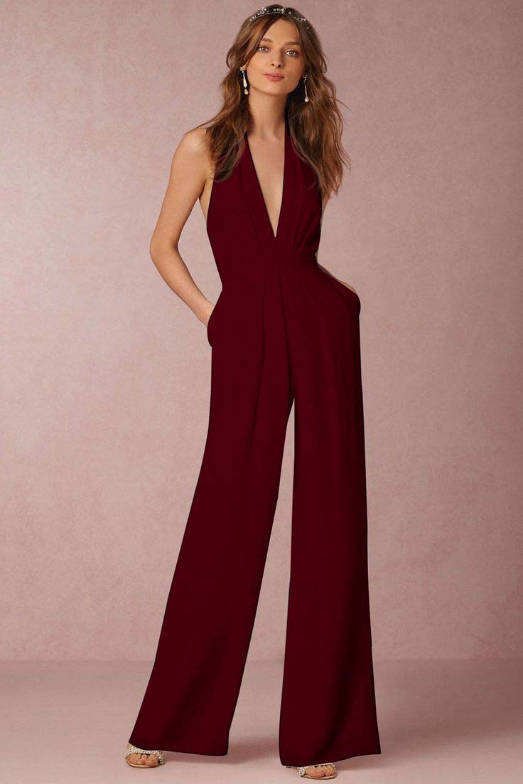 Newinlook Casual Black Deep V-Neck Halter Long Daily Jump Suit