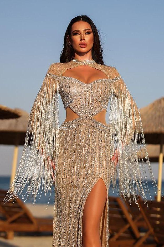 Chic Jewel Necks Long Sleeves Beadings High Split Formal Dress With Tassel