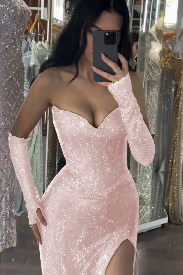 Sequin Strapless Long Mermaid Formal Dress With Split Detachable sleeves