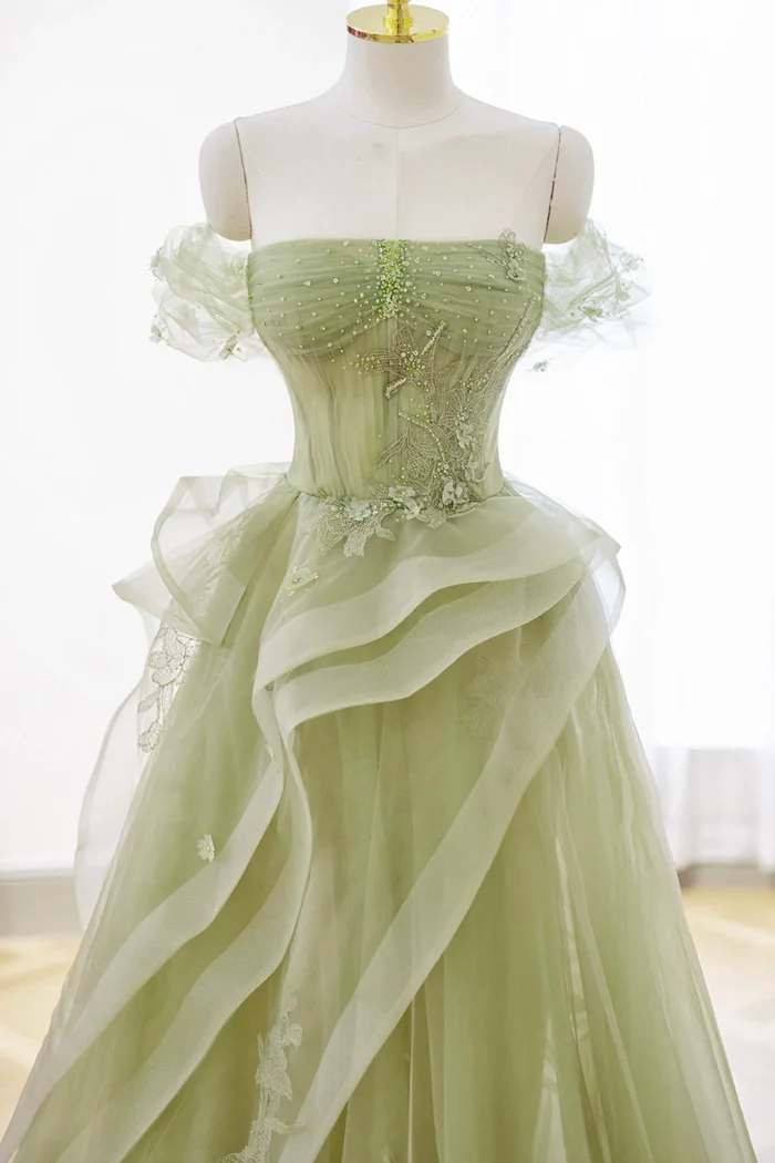 Tulle Off the Shoulder Sleeveless Long Formal Dress With Appliques