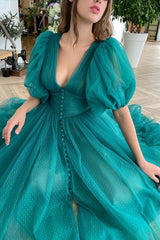 Newinlook Dark Green Evening Dress A-Line With Short Sleeves V-Neck