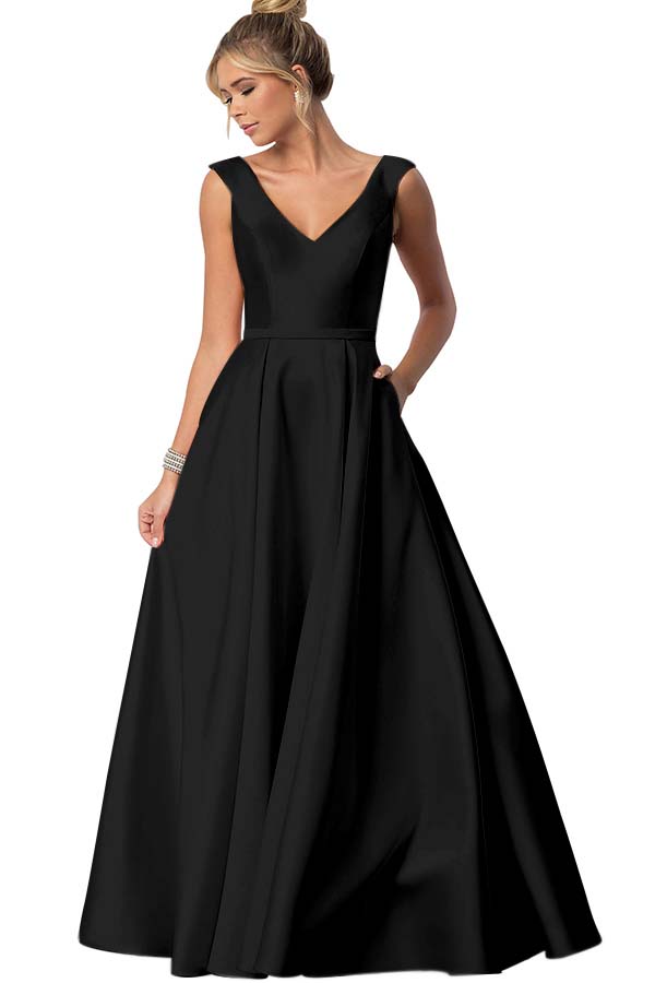 Straps V Neck Sleeveless Long Formal Dress With Pockets Pleated