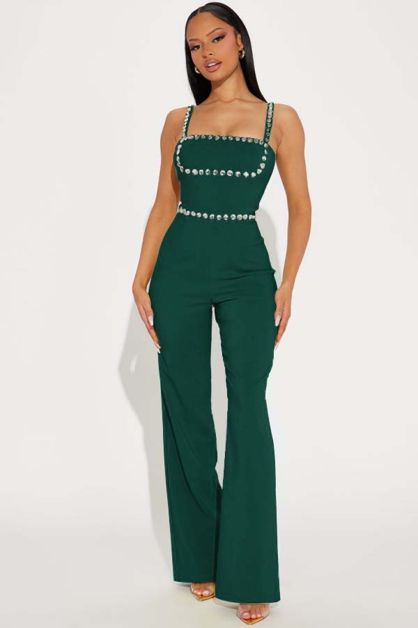 Newinlook Fashion Green Square Neck Spaghetti-Straps Slim Fit Jump Suit