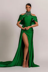 Green High Neck Pleated Mermaid Formal Dress Halter With Appliques