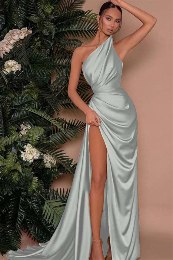 Newinlook Elegant One Shoulder Sleeveless Mermaid Front Split Evening Dress Green