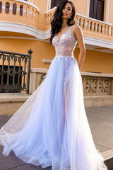 Tulle V Neck Sleeveless Backless Long Formal Dress With Appliques