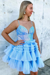 Lavender Sequin V-Neck Ruffled Tiered Short Homecoming Dress