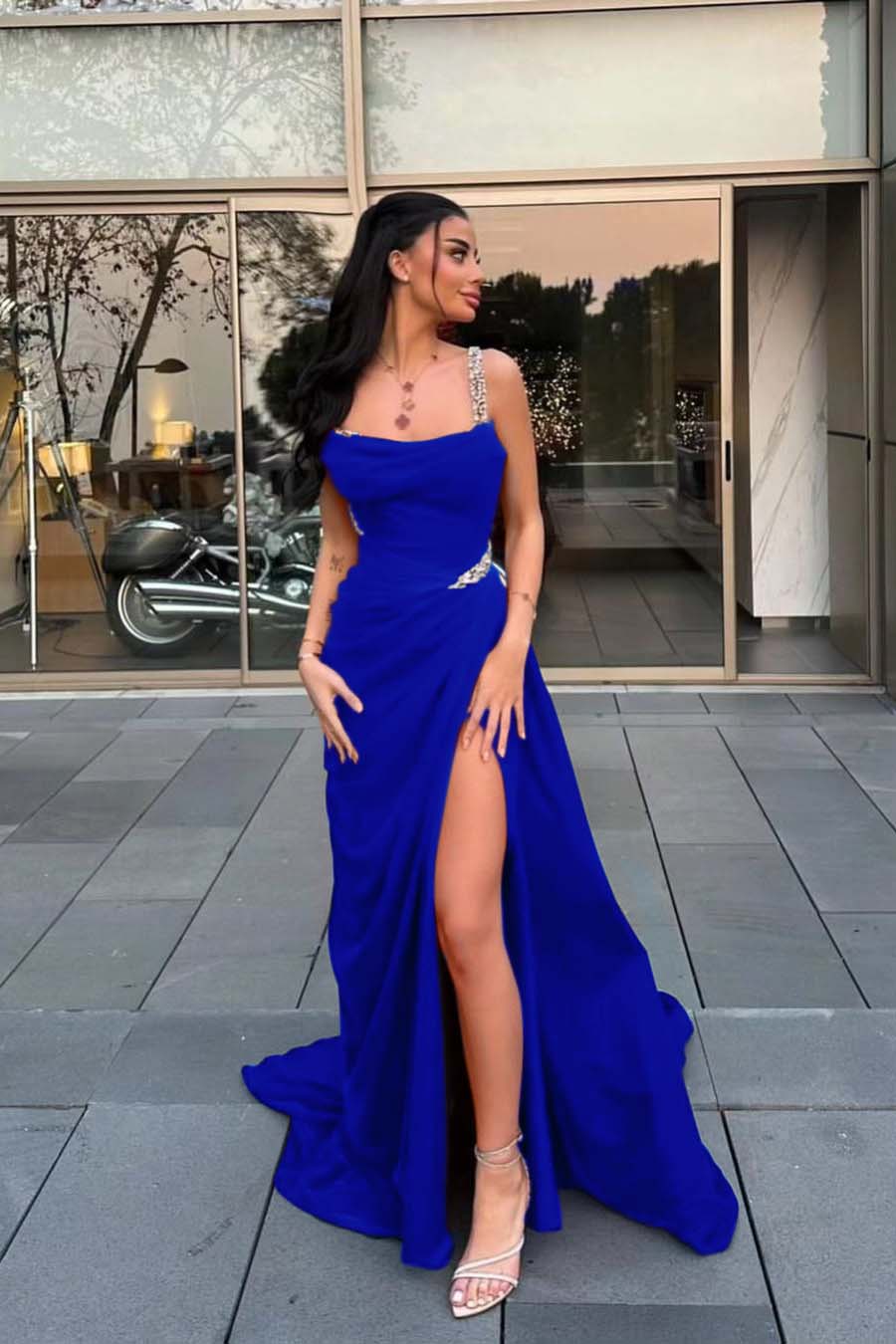 Spaghetti Strap Sleeveless Long Formal Dress With Split Beading