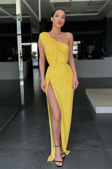 Newinlook Yellow Mermaid One-Shoulder Evening Dress Sequins Split