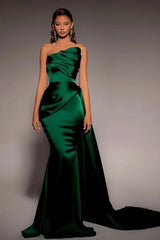 Chic Dark Green Strapless Sleeveless Mermaid Long Formal Dress With Pleated