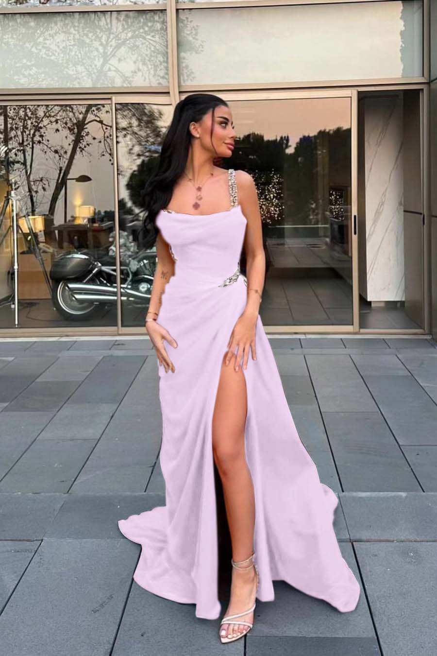 Spaghetti Strap Sleeveless Long Formal Dress With Split Beading