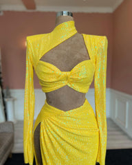 Charming High Neck Long Yellow Spit From Long Sleeves Prom Dress With Sequined