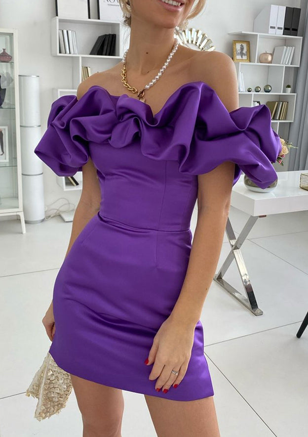 Fabulous Sheath/Column Off-the-Shoulder Sleeveless Satin Homecoming Dress With Ruffles