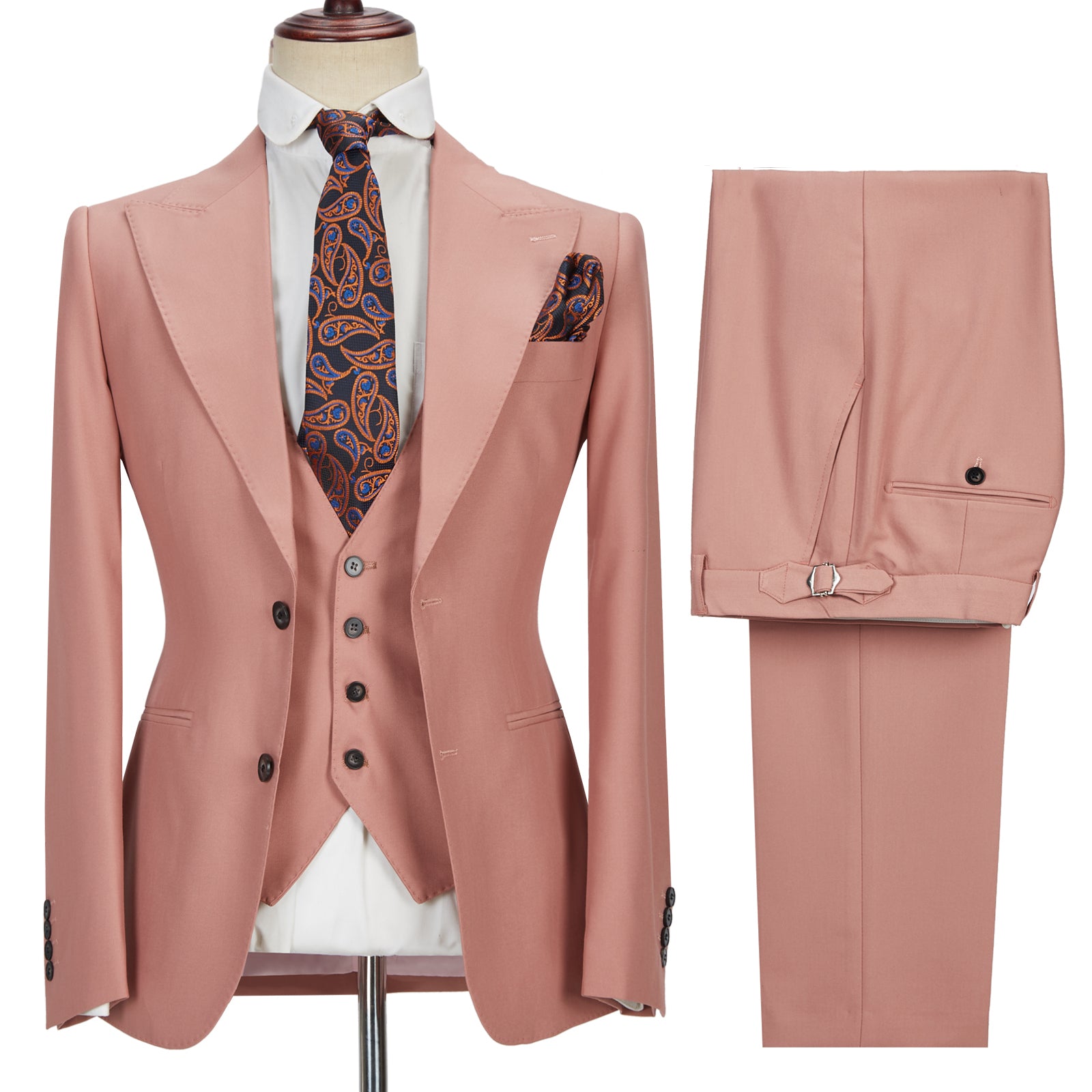 Newinlook Pink Three-Piece Marriage Suit with Two Buttons and Peak Lapel for Men